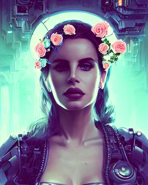 Image similar to portrait of lana del rey as a cyberpunk cyborg. roses, sci - fi, intricate abstract, upper body, intricate artwork, by tooth wu, wlop, beeple, dan mumford. concept art, 8 k octane render, deviantart, greg rutkowski, cinematic, key art, hyperrealism, iridescent accents