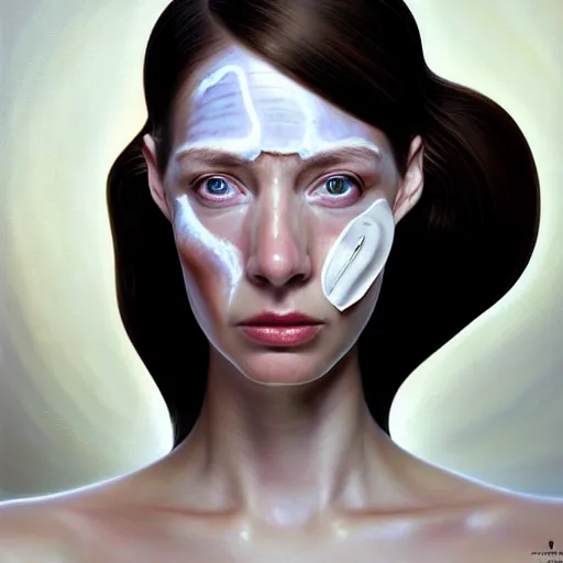 Prompt: portrait of a scarred very beautiful woman with a large obvious scar across her cheek and lips, very very beautiful, wearing futuristic interstellar spacesuit, Alexandria's genesis, chin-length hair, bored, illustration, soft lighting, soft details, hyper realism, high detailed, painting oil on canvas by mark arian by artgerm, trending on artstation, 4k, 8k, HD