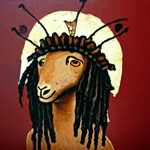 Prompt: a medieval wall painting of a Rastafarian sheep with dreadlocks, trending on artstation
