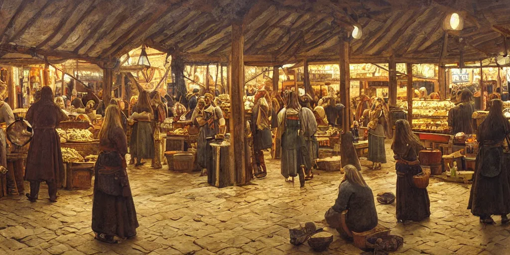 Prompt: Highly detailed viking period oil painting of aviking market, strong atmosphere, oil painting masterpiece by Josep Tapiró Baró, symmetry, fractals