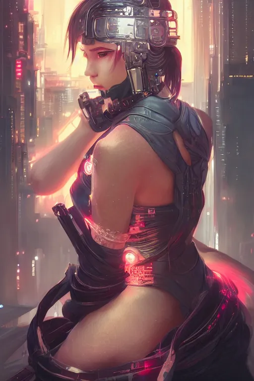 Image similar to portrait futuristic Ninja Girl, in future cyberpunk tokyo rooftop , ssci-fi, fantasy, intricate, very very beautiful, elegant, neon light, highly detailed, digital painting, artstation, concept art, smooth, sharp focus, illustration, art by WLOP and tian zi and alphonse mucha