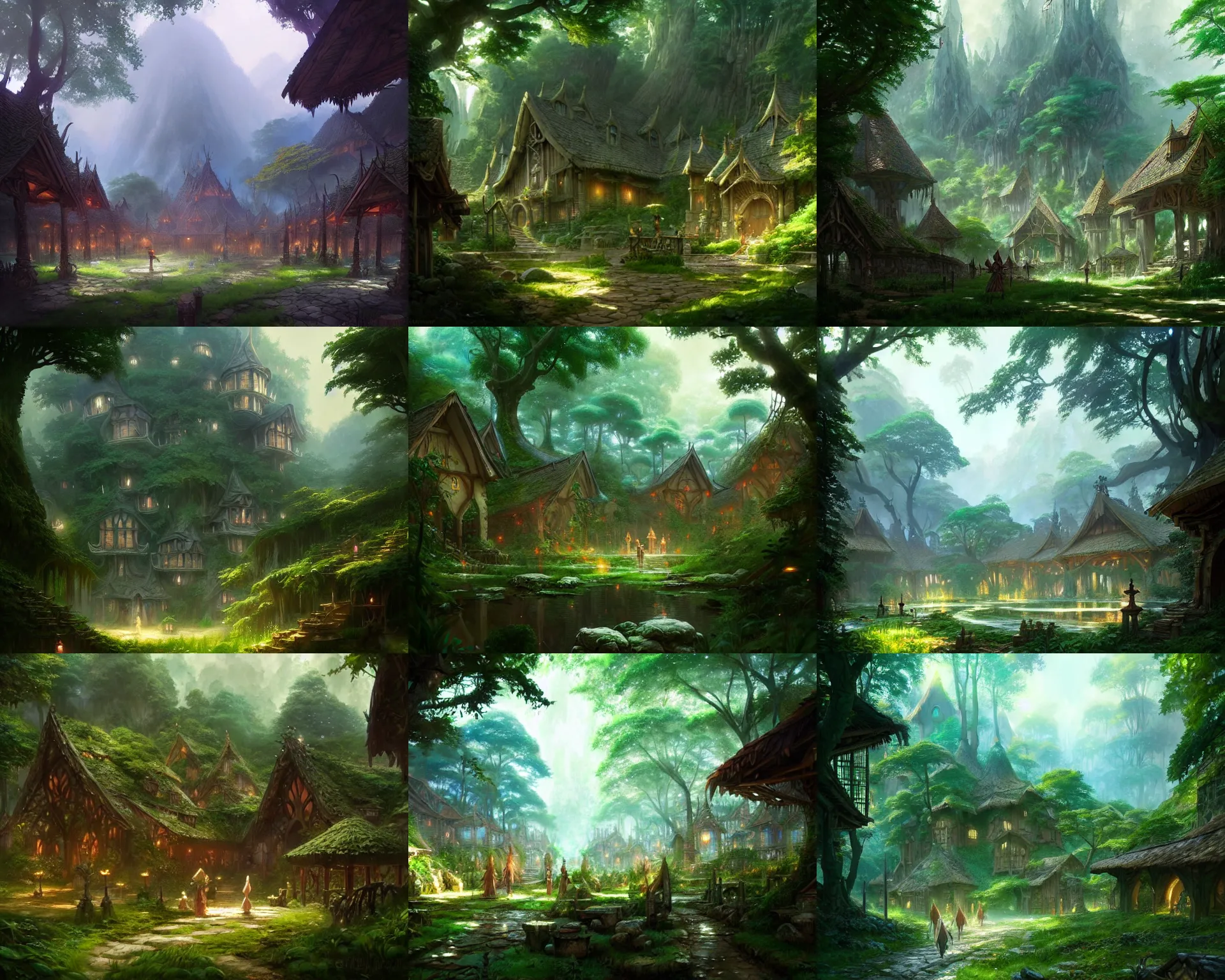 Prompt: an elven village deep in a lush magical forest, anime, a fantasy digital painting by Greg Rutkowski and James Gurney, trending on Artstation, highly detailed