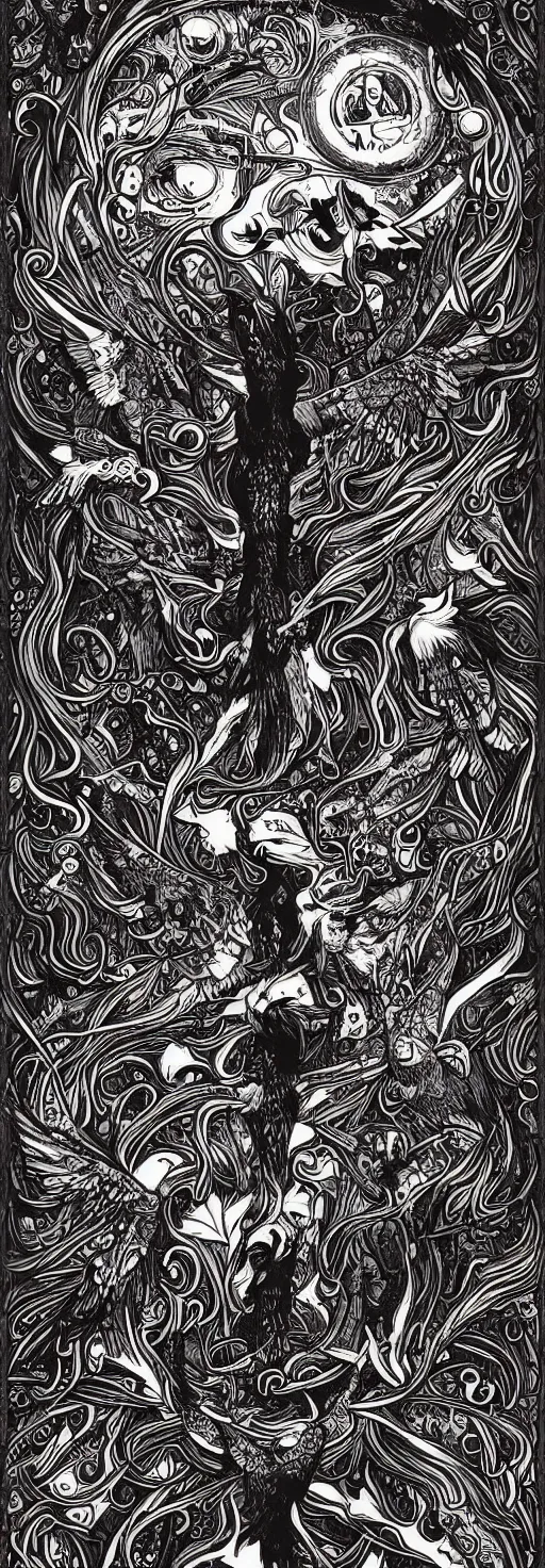 Image similar to psychedelic, monochrome artwork!!, raven, deer, in front of an owl that is a window into the ocean, typography, hr giger, didier comes, james jean, andreas rocha,