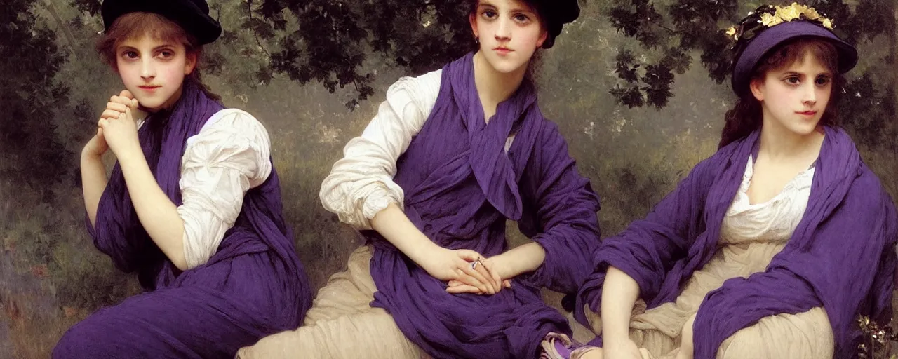 Image similar to Emma Watson wearing an oversized purple Beret, Purple overall shorts, Short Puffy pants made of silk, pointy jester shoes, a big billowy scarf, and white leggings. Rainbow accessories all over. Flowing fabric. Covered in stars. Short Hair. Art by william-adolphe bouguereau and Paul Delaroche and Alexandre Cabanel and Lawrence Alma-Tadema and WLOP and Artgerm. Fashion Photography. Decora Fashion. harajuku street fashion. Kawaii Design. Intricate, elegant, Highly Detailed. Smooth, Sharp Focus, Illustration Photo real. realistic. Hyper Realistic. Sunlit. Moonlight. Dreamlike. Surrounded by clouds. 4K. UHD. Denoise.