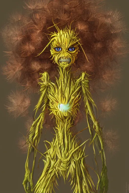 Image similar to a humanoid figure dandelion plant monster, amber eyes, highly detailed, digital art, sharp focus, ambient glow, trending on art station, anime art style