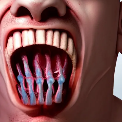 Image similar to extreme closeup photo of a man with a very wide open mouth with a skull inside his mouth, 3D render,subsurface scattering,global illumination,raytracing,studio lighting,cinematic,photorealistic,4k, UHD, HDR