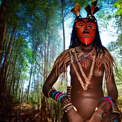 Prompt: dogon woman wearing traditional dogon tribal mask standing in a clearing in the deep forest, rays of the sun, caustics, realistic, photography, photojournalism, national geographic photoshoot, inner glow, shimmer, sparkle, smoke, dust
