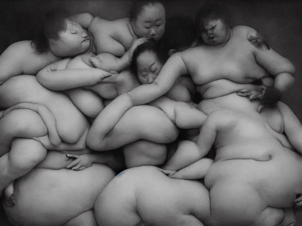 Image similar to a group of fat human bodies intertwined, dense fog, in the style of nobuyoshi araki and klimt,