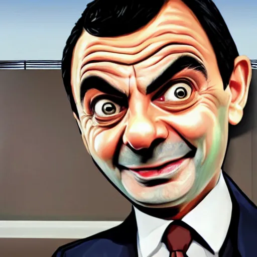 Image similar to painting of mr bean in the art style of gta 5, art by patrick brown, cell shading