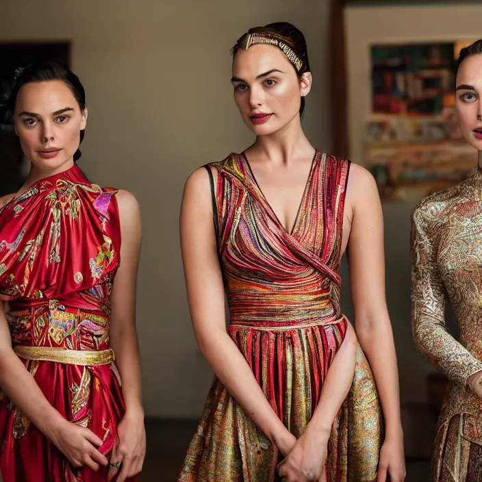 Image similar to portrait of margot robbie and gal gadot wearing southeast asian traditional dress, by charlotte grimm, natural light, detailed face, canon eos c 3 0 0, ƒ 1. 8, 3 5 mm, 8 k, medium - format print