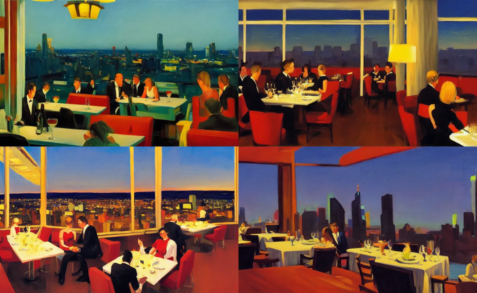 Prompt: sky high dining, a fancy restaurant with a view of the sparkling city lights at night, painting by Ben Aronson and Edward Hopper