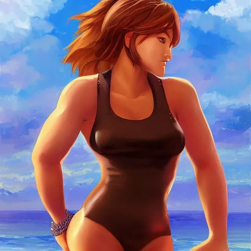 Image similar to A Buff Young Lifeguard at the Beach, short brown hair, brown eyes, slight smile, art by Artgerm, artstation