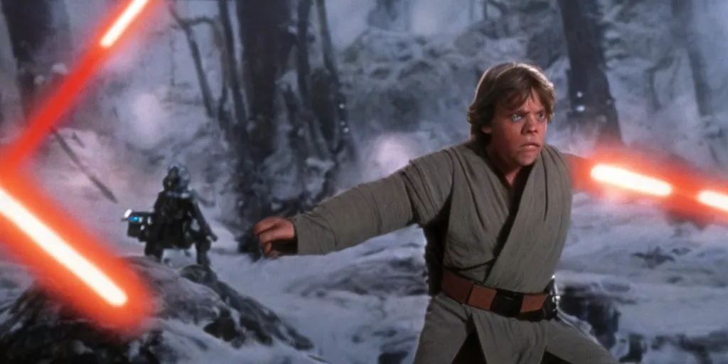Prompt: Luke Skywalker Return of the jedi played by Mark Hamill 1983, motion runs through massive star wars battlefront, explosions, fire reak real life, spotted ultra realistic, 4K, movie still, UHD, sharp, detailed, cinematic, render, modern