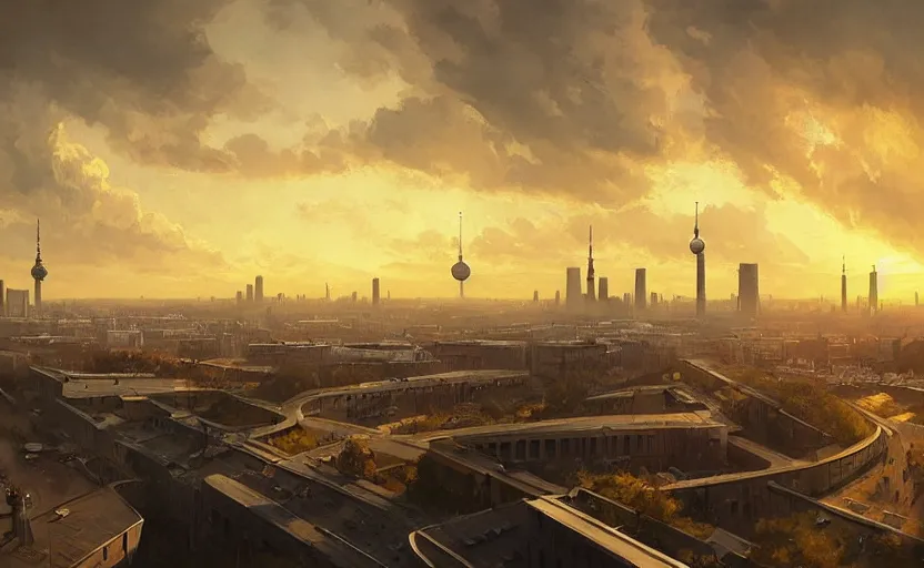 Prompt: painting of skyline of berlin at sunset, natural light, concept art, by greg rutkowski, cozy atmospheric and cinematic lighting