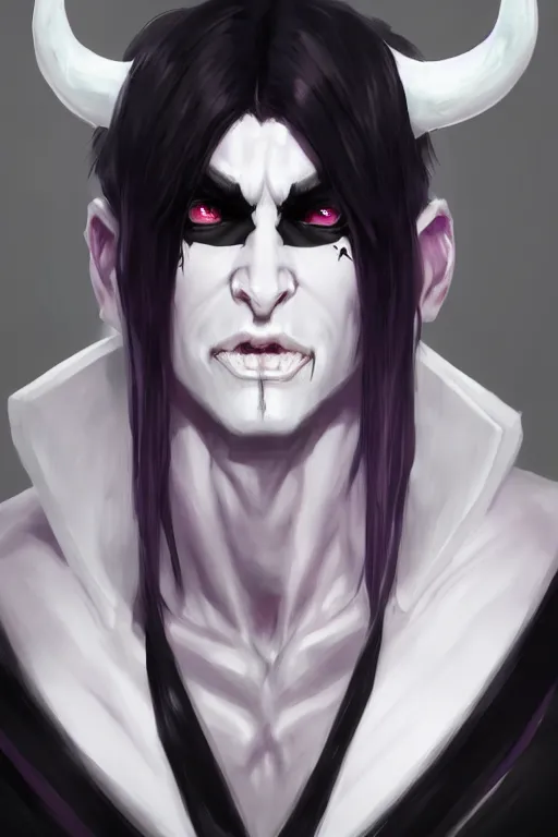 Prompt: human male demon,slim white purple, black eyes, white horns,focus, closup, black hair, portrait, hero, character concept art, trending on artstation, Artgerm , WLOP