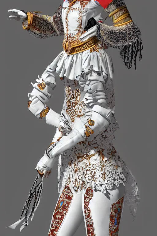 Prompt: female adventurer in tight full - body white embroidered leather armor of vyshyvanka design and a white porcelain crow mask, trending in artstation, ukrainian, establishing shot