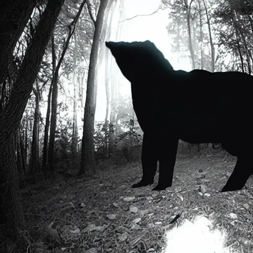 Image similar to giant scary horror creature emerges from the darkest shadows, trail cam footage