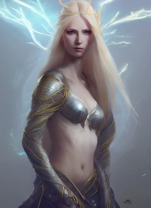 Image similar to Half-body portrait of a beautiful elven princess with blonde hair and luminous aura. In style of Hyung-tae Kim and Greg Rutkowski, concept art, trending on ArtStation, Korean MMORPG, over-detailed art, 8K, epic, dynamic lightning, dramatic pose.