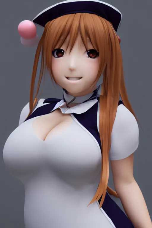 Image similar to photorealistic 3 d render of of an impossibly curvy anime girl wearing a schoolgirl outfit, featured on pixiv, booru, exaggerated proportions, high resolution digital art, 4 k, beautiful symmetric face, subsurface scattering, volumetric lighting, realistic skin texture