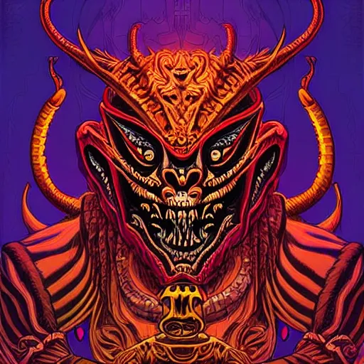Prompt: barong family member, wiwek, mara demon, one single tribe member, jungle, one single mask, dark, ancient warrior, snake, alien, predator, dragon, devil, satan, diablo, tribal, inner glow, art by dan mumford and justin gerard
