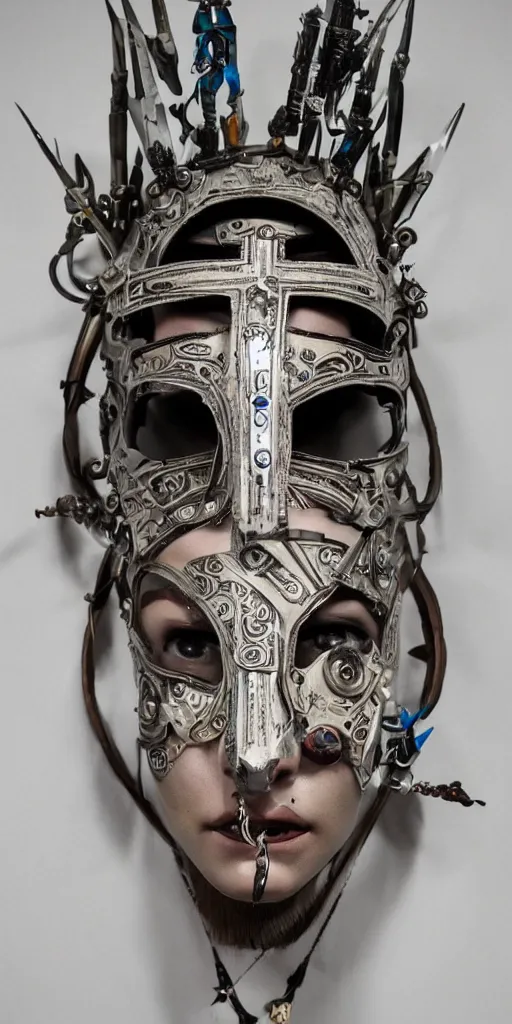 Image similar to a beautiful cyborg made of catholic and pagan symbols ceremonial maske