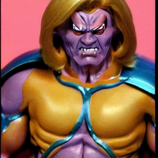 Prompt: creepy muscular he-man villain creature toy from a bad 90s commercial, distorted vhs footage