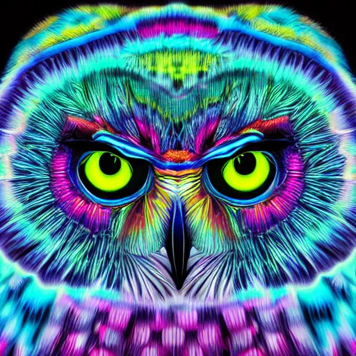 Prompt: neon tribal eurasian owl, pastel neon, photorealistic render 8k intricate, elegant, highly detailed, smooth, sharp focus, detailed face, high contrast, dramatic lighting, graphic novel, art by alex grey