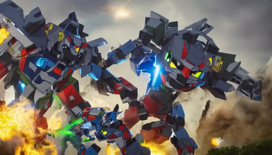 Image similar to full - color cinematic movie still from a live - action voltron action film directed by michael bay. the scene features the robotic lions from voltron fighting against an ugly kaiju monster. photorealistic rendering ; highly - detailed ; epic.