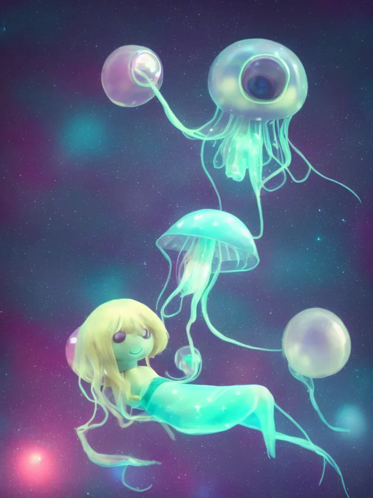 Image similar to cute fumo plush alien jellyfish girl sitting on a small island floating in the dark galactic abyss, vignette, bokeh, vray