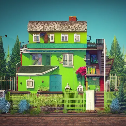 Prompt: Cannabis house, ultra-realistic, 8k, 3d, super detailed color graphics, unreal engine, Wes Anderson color palette, 3d rendering, colorful, digital art, 100 steps --n 6