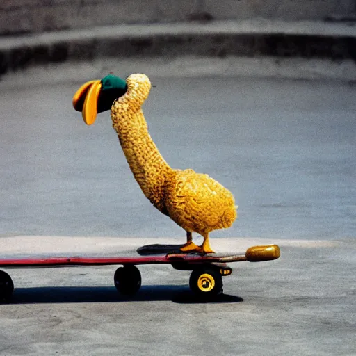 Prompt: a dodo wearing a gold chain around its neck, on a hovering skateboard without wheels, at a skate park near the beach, 1990s cartoon
