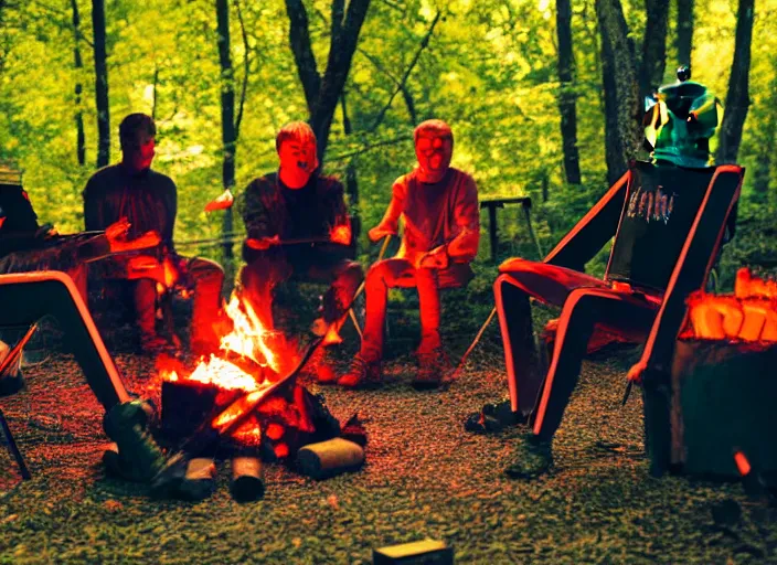 Prompt: 3 artistic robots sitting around a campfire, robots, campfire, chill, campfire song, robots, sitting in a circle