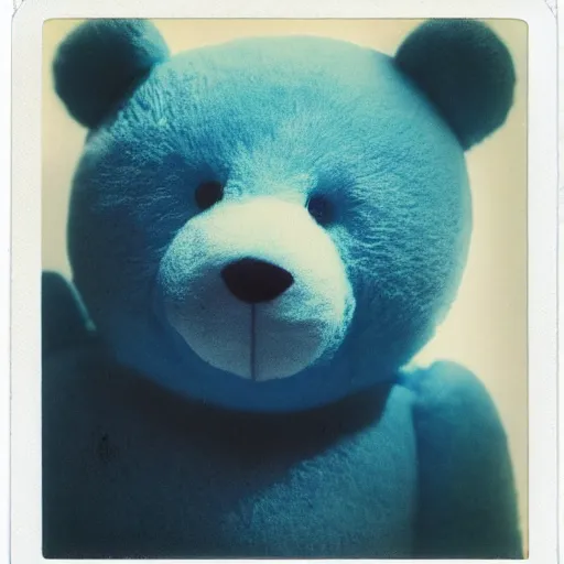 Prompt: a polaroid of a blue teddy bear with a weirdly human face