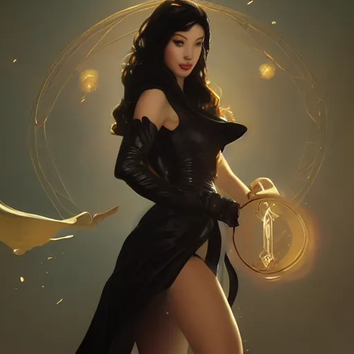 Image similar to christian serratos as zatanna by leonardo divinci, greg rutkowski, alphonse mucha, mystical cosmic lighting, octane render, artstation, rey tracing, golden ratio, rule of thirds, perfect composition