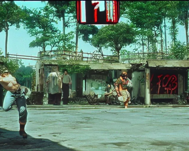 Prompt: a still of irl empty stage from Street Fighter 2 in the movie Hard Target (1993), HDR, high quality, 8k, highly detailed and intricate,