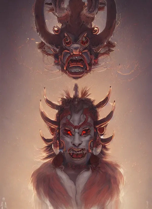 Image similar to a beautiful detailed oil on copper art illustration of a oni hannya mask shogun bear devil woman, centered, by charlie bowater, zeng fanzh, trending on artstation, dim dusk lighting, cinematic lighting, detailed lighting, volumetric lighting, realistic, f 8, 4 k hd wallpaper