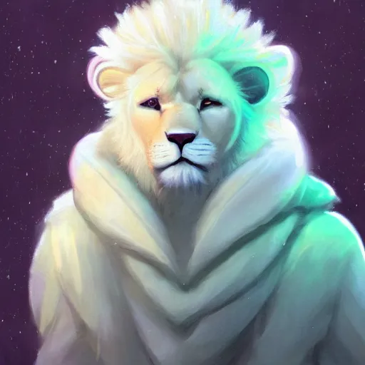 Image similar to aesthetic portrait commission of a albino male furry anthro lion wearing a cute mint colored cozy soft pastel winter outfit, winter atmosphere. character design by charlie bowater, ross tran, artgerm, and makoto shinkai, detailed, inked, western comic book art, 2 0 2 1 award winning painting