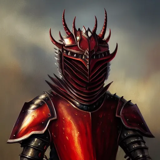 Image similar to beautiful oil portrait painting of red draconic - plate alwyte armor, medieval armor, knight, natural light, outside. artstation, concept art, smooth, sharp focus, illustration, by bartek fedyczak, erak note, tooth wu, neil richards, kan liu, siwoo kim, jisu choe