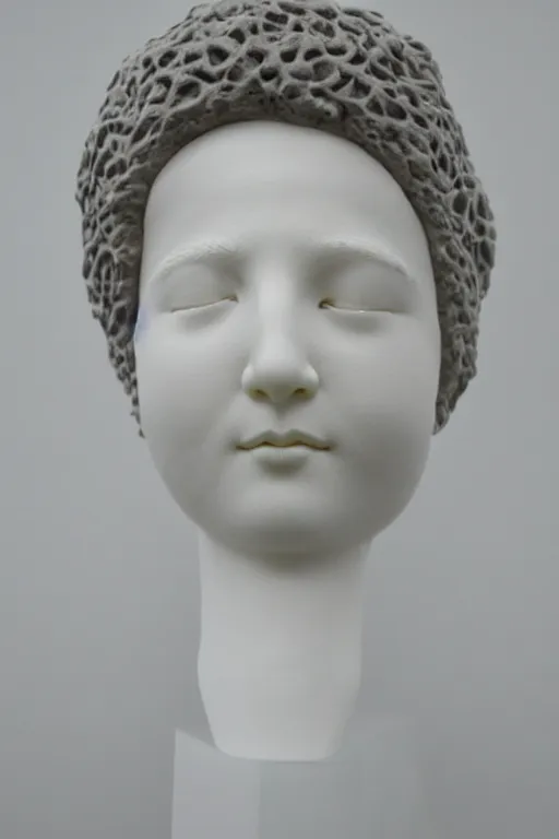 Image similar to full head and shoulders, beautiful female porcelain sculpture by daniel arsham and raoul marks, smooth, all white features on a white background, delicate facial features, twenty black eyes, white lashes, detailed white 3 d giant poppies on the head