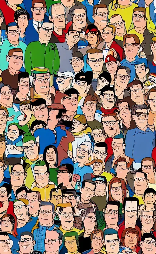 Image similar to hank hill in the style of'where's waldo'book