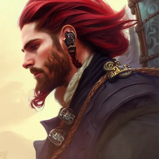 Image similar to male airship pirate, D&D, handsome, side profile, fantasy, intricate, long hair, leather coat, airship, steampunk, red hair, elegant, highly detailed, digital painting, artstation, concept art, smooth, sharp focus, illustration, art by artgerm and greg rutkowski and alphonse mucha