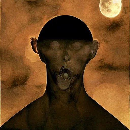 Image similar to looking at the full moon, transparent soul leaving the body, dave mckean, loischl