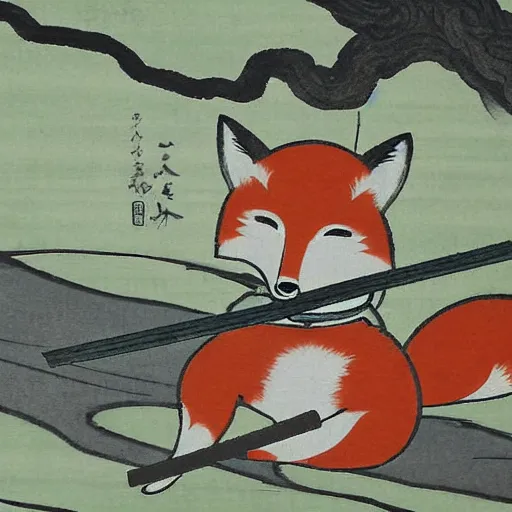 Image similar to samurai fox with a katana. sakura forest in the background. old japanese painting. fresco