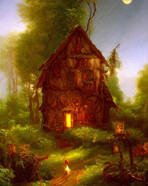 Image similar to an oil painting of a candy - covered gingerbread witch's house in the forest, by thomas cole, ivan shiskin, and james gurney