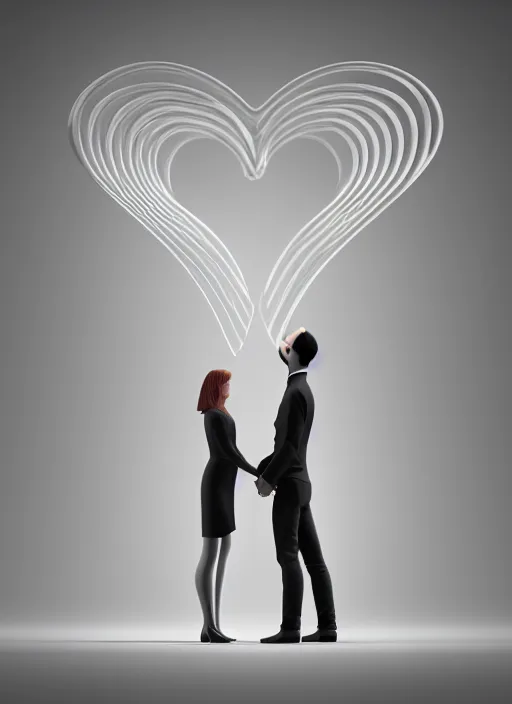 Image similar to perfectly centered symmetrical balanced male and female portrait of man and woman in love sharing one heart. art by santiago calatrava and zaha hadid, high coherence ; 3 d render 8 k octane ultra hd