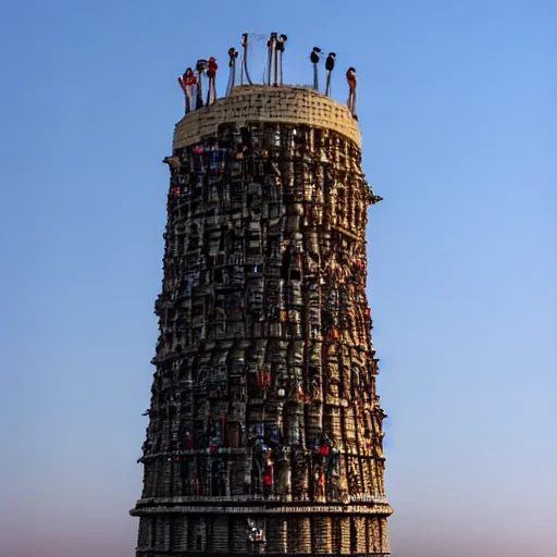 Prompt: The tower of babel made of people standing on top of each other, at the top of the tower there’s a hand that’s reaching for the sun. Wide angle lens, we can see the earth in the frame.