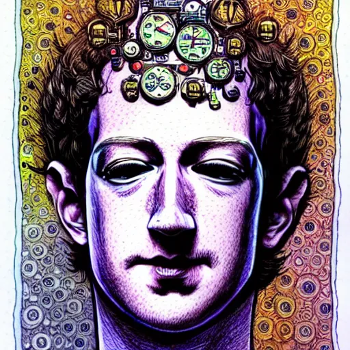 Prompt: the inner robotic self of mark zuckerberg, clockwork engine, psychedelic, lsd, spiritual, mystical, epic beautifully detailed pen, ink and copic markers drawing by milo manara