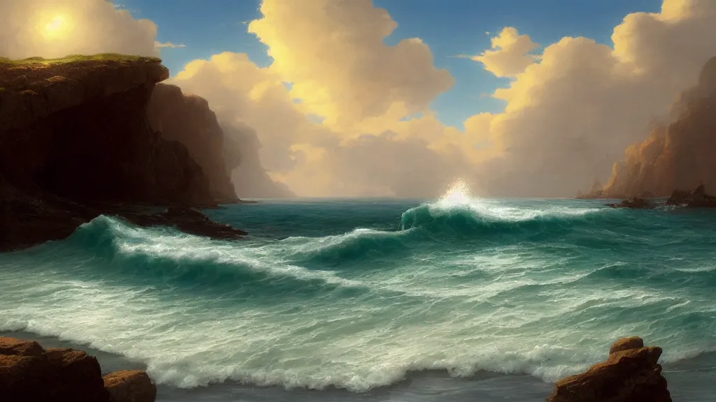 Image similar to first person view of breaking waves on the shore, summer, clear beautiful sky, sea breeze rises in the air, by andreas rocha and john howe, and Martin Johnson Heade, featured on artstation, featured on behance, golden ratio, ultrawide angle, f32, well composed