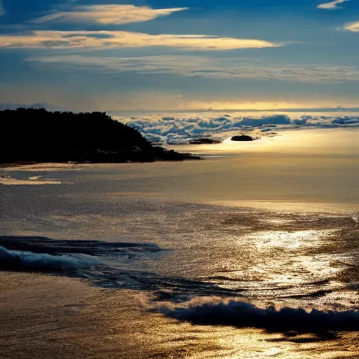 Prompt: cumulus over sea with golden sunshine