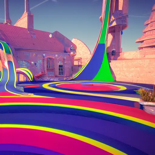Image similar to : hyperbolic playground with bifrost colors 8k render unrealengine cgsociety